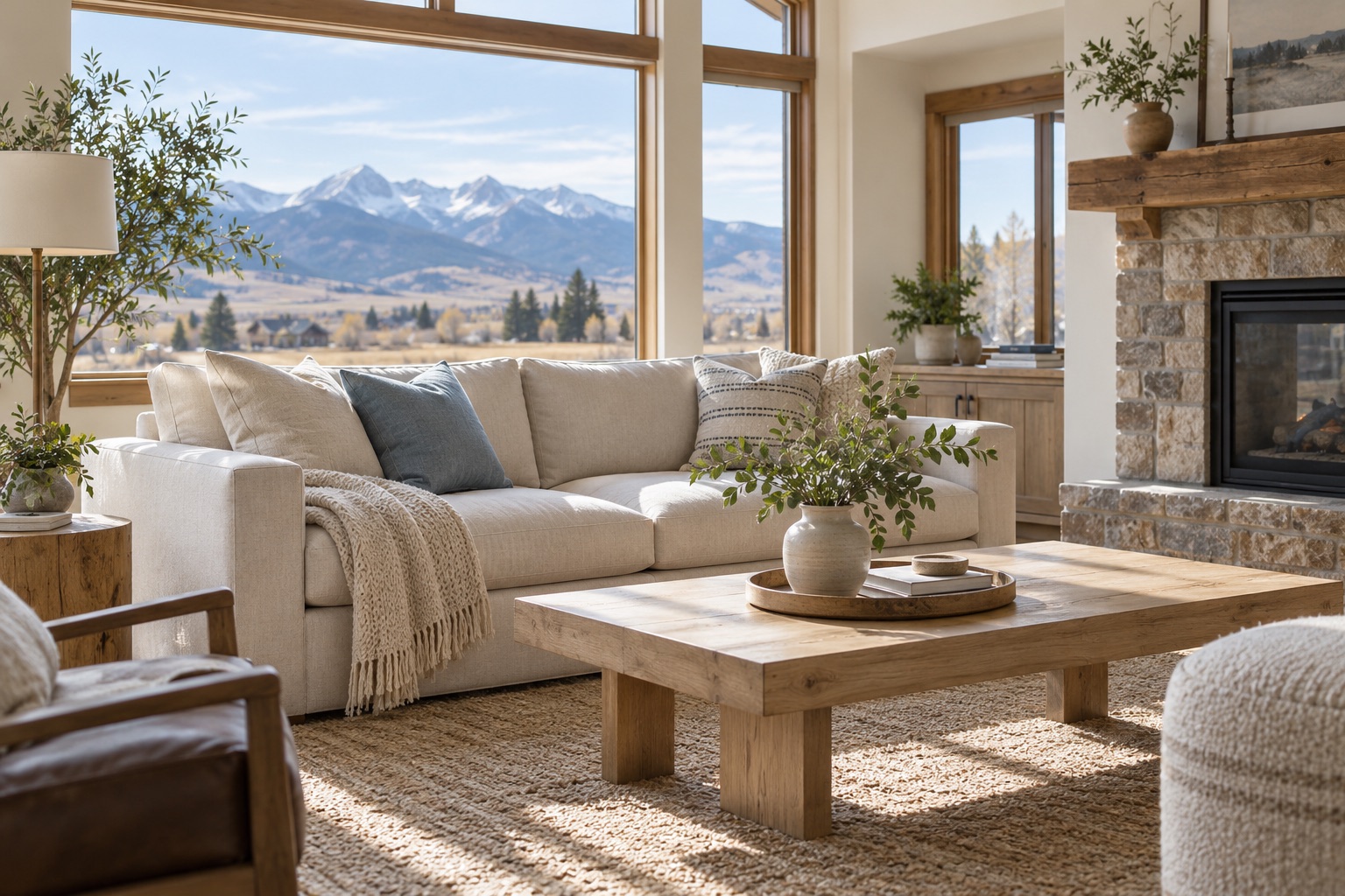 Illustrative sunlit living room with pale linen seating and a mountain view